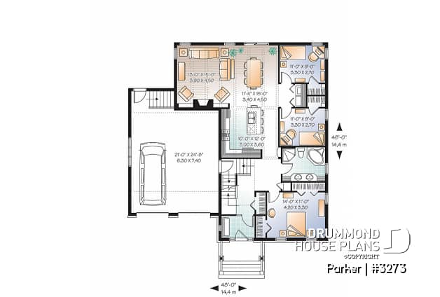 1st level - 3 bedroom bungalow house plan, 2-car garage w / bonus room, 3 bedrooms, fireplace, kitchen island - Parker