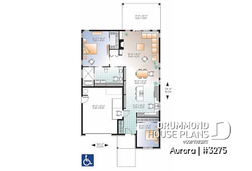 1st level - Wheel chair accessible house plan, 2 bedrooms, 9ft. ceiling, large covered patio, fireplace - Aurora