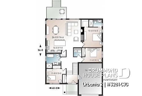 1st level - Modern 3 bedroom one-storey house plan with garage, open floor plan, fireplace, large kitchen island, pantry - Urbania 2