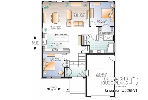 1st level - Small modern house plan with garage, 2 bedrooms, 9' ceiling, pantry, laundry on main floor - Urbania