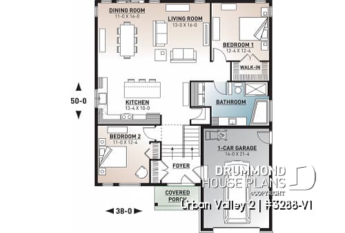 1st level - Scandinavian inspired house plan, open floor plan, 2 bedrooms, unfinished basement, one-car garage - Urban Valley 2