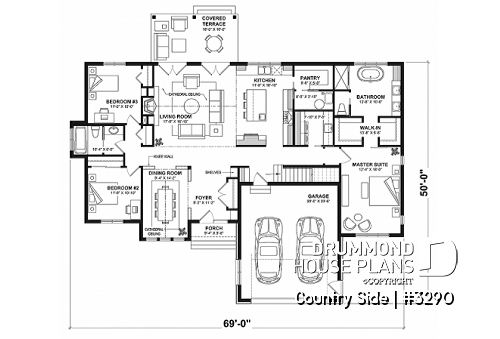 1st level - Spacious 3 bedroom Farmhouse style house plan with formal dining, large family room and lots of light. - Country Side