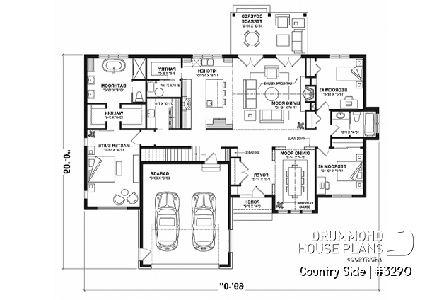 1st level - Spacious 3 bedroom Farmhouse style house plan with formal dining, large family room and lots of light. - Country Side
