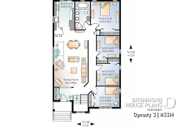 1st level - Affordable, Simple four bedroom bungalow house plan, ideal for narrow lot, open floor plan - Dynasty 3