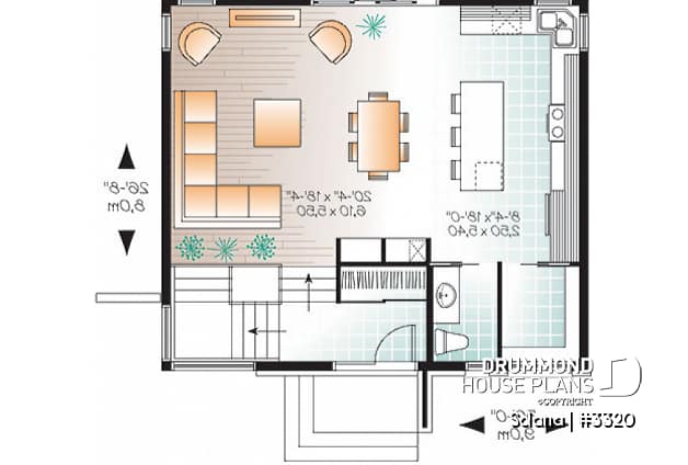 1st level - Small 3 bedroom budget conscious modern house plan, open floor plan, large kitchen with island and pantry - Solana