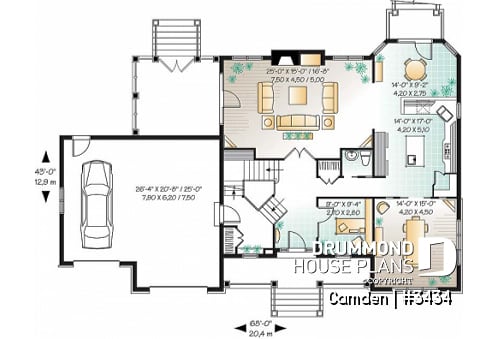 1st level - Farmhouse style home plan, 3 to 4 bedrooms,  master suite, 2-car garage, fireplace, formal dining, office - Camden