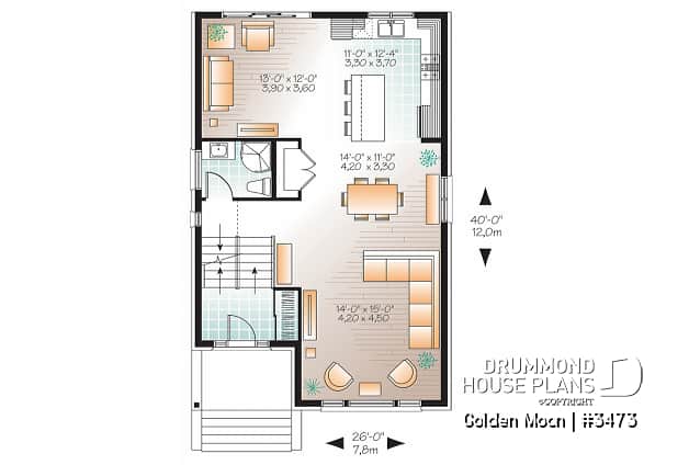 1st level - Contemporary narrow lot house plan, under building parking, family and living room, laundry on 2nd floor - Golden Moon