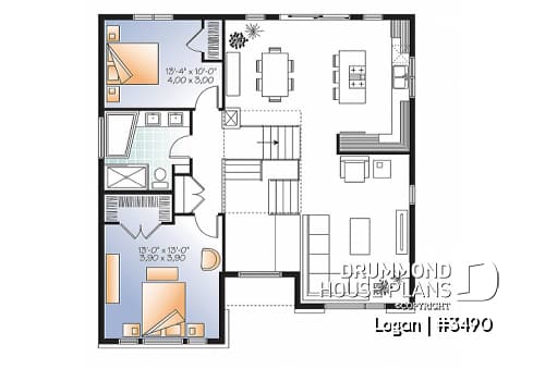 2nd level - Contemporary 3 bedroom Split-level house plan, kitchen with large kitchen island and a garage - Logan