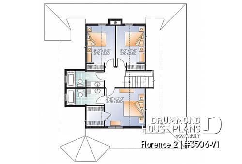2nd level - Lakefront Rustic Country cottage house plan, 4 bedrooms, 3.5 bathrooms, 2 master suites, fireplace, pantry - Florence 2