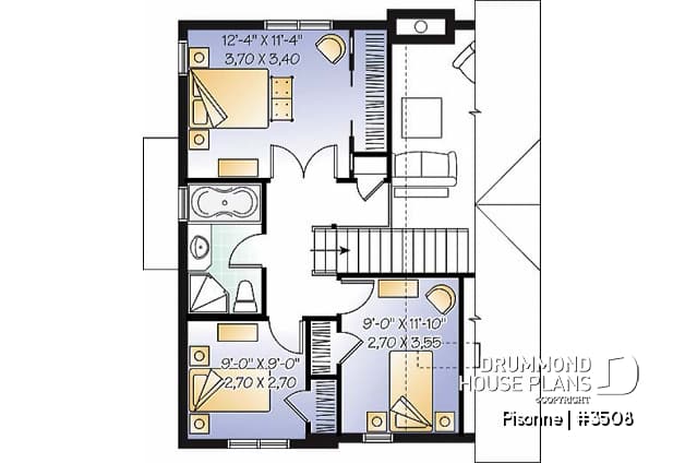 2nd level - Modern country cottage house plan, 3 bedrooms, 2 bathrooms, open space, generous windows at rear, fireplace - Pisonne