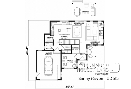 1st level - Modern Craftsman house plan, 3 bedrooms, home office, 2.5 baths, garage, large covered terrace - Sunny Haven