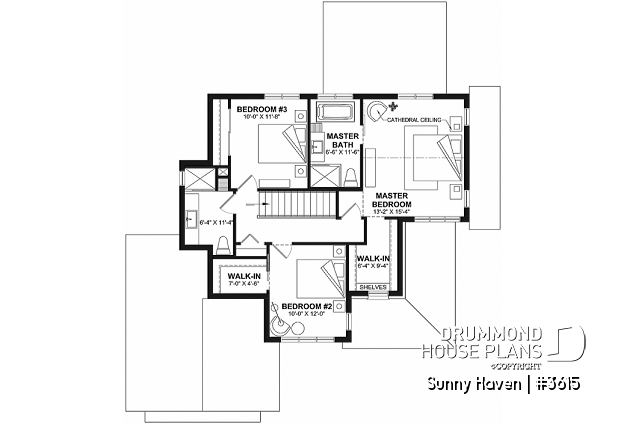2nd level - Modern Craftsman house plan, 3 bedrooms, home office, 2.5 baths, garage, large covered terrace - Sunny Haven