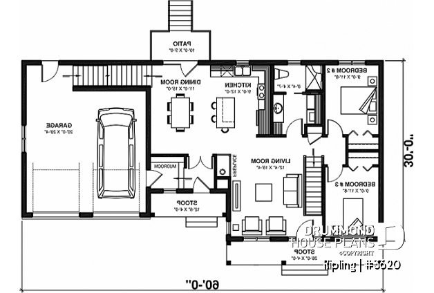 1st level - Modest 3 bedrooms 2 bathrooms ranch style house plan with 2-car garage, great master suite, open floor  - Florentine