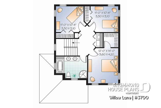 2nd level - 2-story traditional home plan with wrap around porch, 3 bedrooms, 2-sided fireplace, kitchen island - Willow Lane