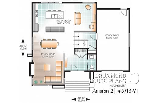 1st level - Affordable Modern home plan, garage, 3 beds, 1.5 baths, family & living rooms, 9' ceiling on main, fireplace - Sequoia 2