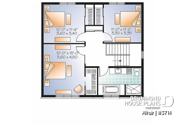 2nd level - 3 bedroom small modern house plan, open floor concept with three sided fireplace, large kitchen and master bed - Altair