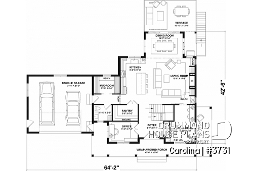 1st level - 2-storey Farmhouse house plan with a 2-car garage, 4 to 6 bedrooms, fully finished walkout basement - Carolina