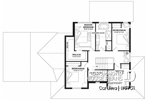 2nd level - 2-storey Farmhouse house plan with a 2-car garage, 4 to 6 bedrooms, fully finished walkout basement - Carolina