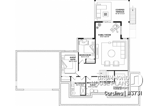 Basement - 2-storey Farmhouse house plan with a 2-car garage, 4 to 6 bedrooms, fully finished walkout basement - Carolina