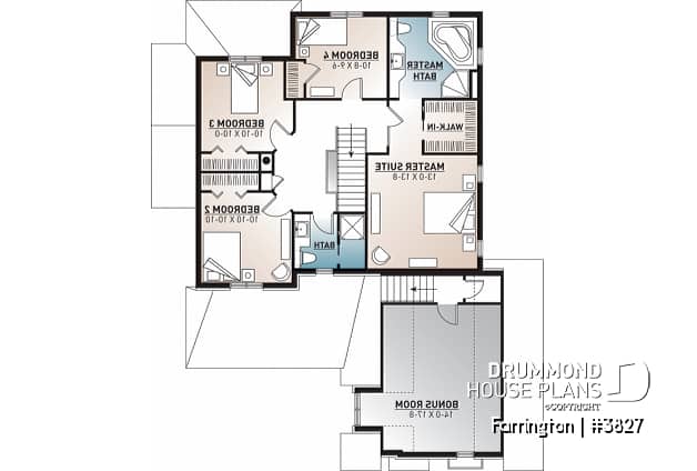 2nd level - Luxury Traditional house plan, 4 bedrooms + bonus space, home office, corner fireplace, pantry, 2-car garage - Farrington