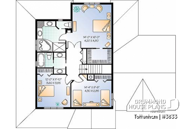 2nd level - 3 bedroom 3 bathroom house plan, large master suite, 2-car side-entry garage, large laundry room - Tottenham