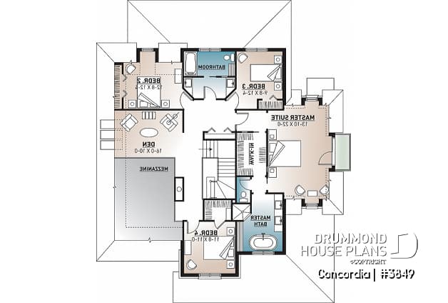 2nd level - Classic style 4 bedroom house plan, home office, breakfast nook, large laundry room, master suite, 4 beds - Concordia