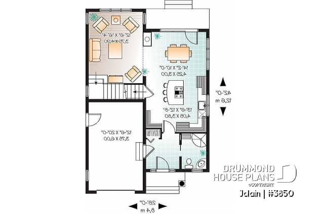 1st level - Affordable Narrow lot Tudor house plan, mezzanine, laundry on 2nd floor, open floor plan - Jolain