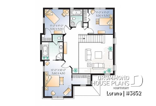2nd level - Luxury english style house plan, 3 bedrooms, 15' ceiling, garage - Lorene