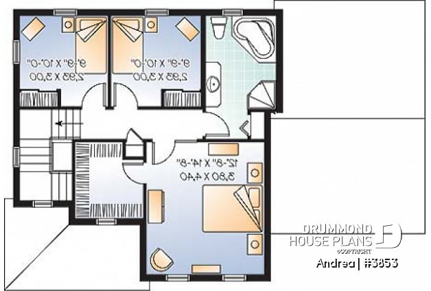 2nd level - Small, simple two-storey home plan, three bedrooms, large kitchen, laundry room on main floor, garage - Andrea