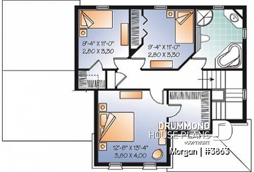 2nd level - 3 bedroom European house plan with sunken living room, fireplace and garage - Morgan