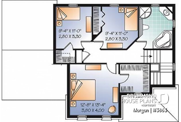 2nd level - 3 bedroom European house plan with sunken living room, fireplace and garage - Morgan