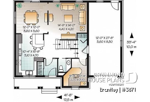 1st level - English style house plan, adjoining secondary bedrooms, large kitchen island, unfinished full basement - Brantley