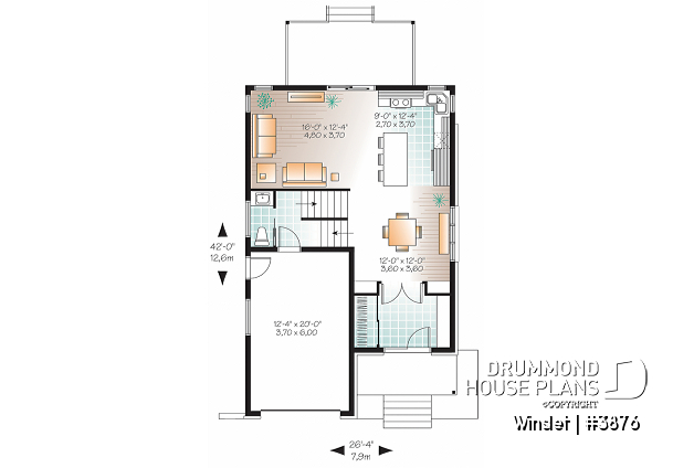 1st level - Modern narrow lot house plan with garage, large kitchen, 3 bedrooms, master with ensuite, covered terrace - Winslet