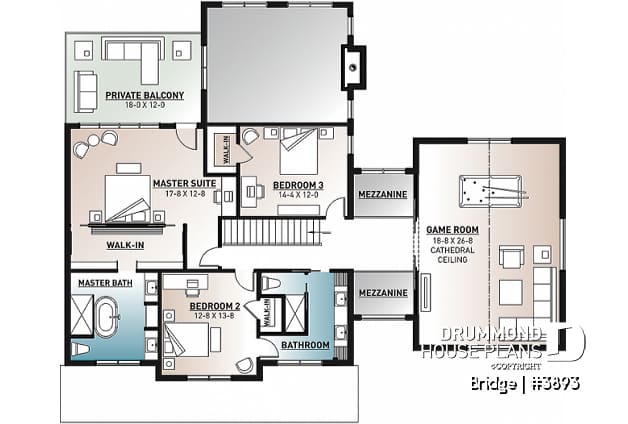 2nd level - 4 bedroom modern farmhouse plan, 3 baths, garage, spectacular living room with fireplace and 20' ceiling - Bridge