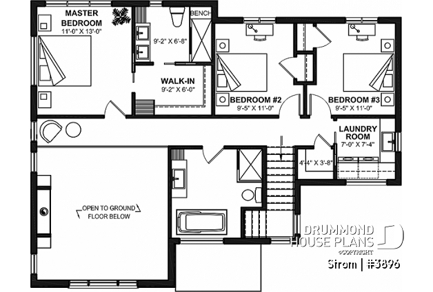 2nd level - Contemporary home plan with 3 2nd floor bedrooms, master suite, 2.5 baths, garage, pantry, mudroom - Strom