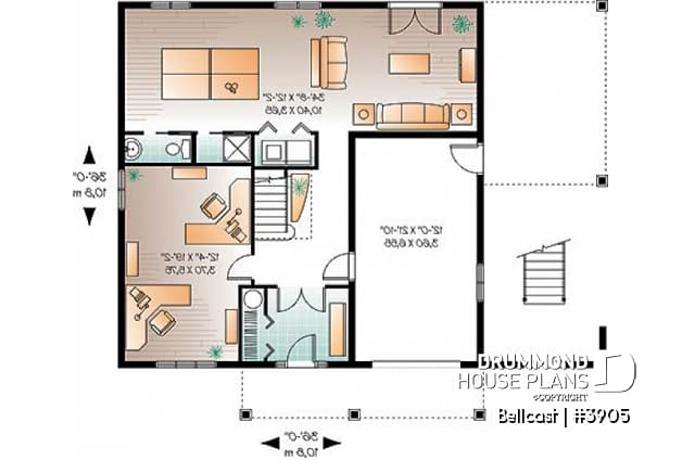 1st level - Reverse floor plan waterfront chalet house plan with 3 to 4 bedrooms, open floor  plan  layout on second floor - Bellcast