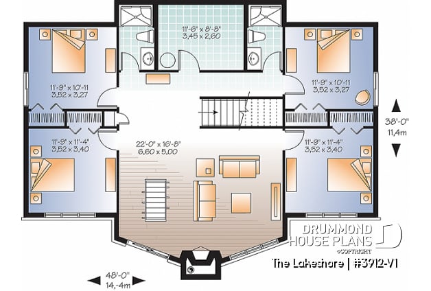 Basement - Lakefront cottage house plan, 5 bedrooms, walkout basement, main floor master, open concept, 2 living rooms - The Lakeshore