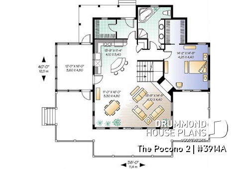 1st level - Open floor plan lakefront cottage house plan with large deck, master and living with fireplace - The Pocono 2