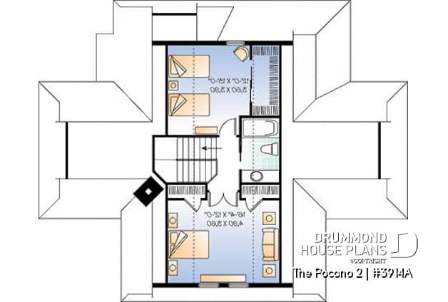 2nd level - Open floor plan lakefront cottage house plan with large deck, master and living with fireplace - The Pocono 2