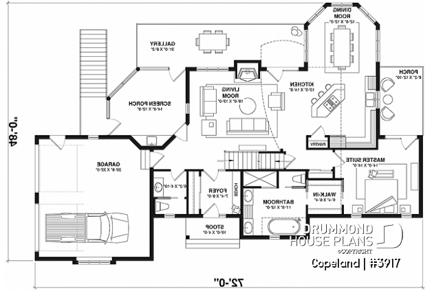 1st level - Lakefront walkout basement house plan, 2 to 4 bedrooms, 2 master suites, 2-car garage, open concept  - Copeland