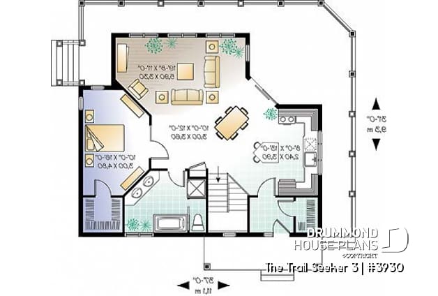 1st level - Cottage house plan, 3 bedrooms, 2 bathrooms, 2 family rooms, large covered wraparound deck - The Trail Seeker 3