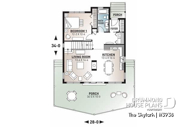 1st level - A-Frame wood cabin house plan with 3 beds, 2 baths, mezzanine and open floor plan layout - The Skylark
