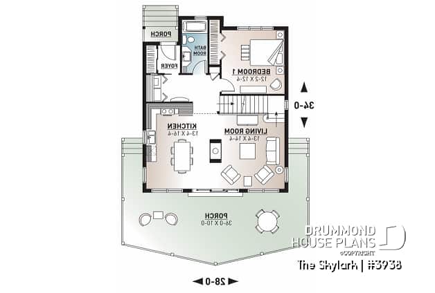 1st level - A-Frame wood cabin house plan with 3 beds, 2 baths, mezzanine and open floor plan layout - The Skylark