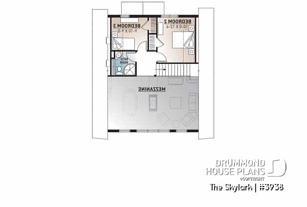 2nd level - A-Frame wood cabin house plan with 3 beds, 2 baths, mezzanine and open floor plan layout - The Skylark