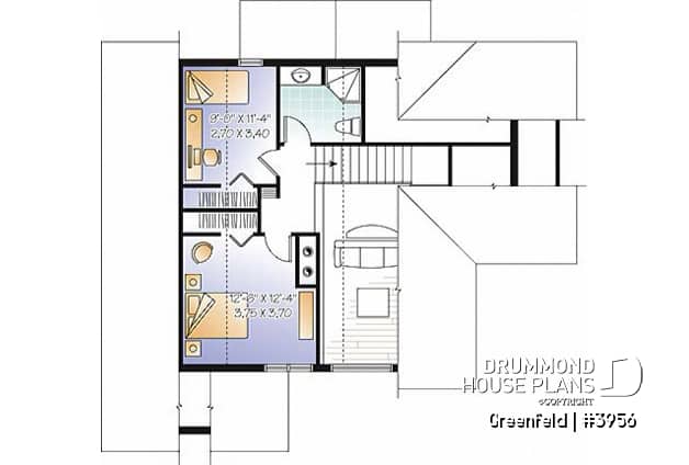 2nd level - Panoramic 3 to 6 bedroom chalet style house plan with open floor plan, fireplace, mezzanine - Greenfeld