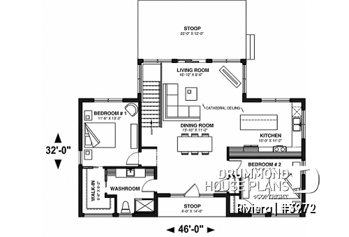 1st level - Small modern cottage plan, 2 bedrooms, ideal waterfront layout, nice master bedroom, open concept - Riviera