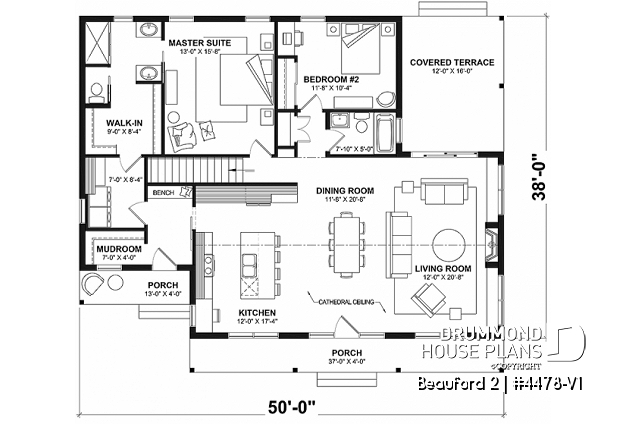 1st level - 2 bedrooms, 2 bathrooms, economical modern ranch style house plan with covered rear balcony, open space - Beauford 2