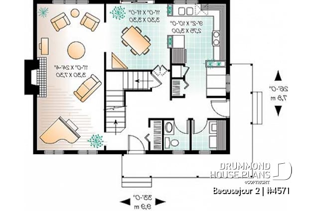 1st level - Scandinavian style house plan, 3 bedrooms, kitchen booth, economical home to build, covered porches - Beausejour 2