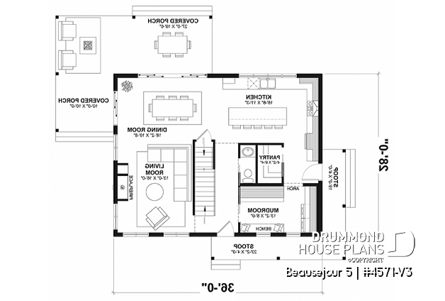 1st level - Farmhouse with 5 bedrooms, 2 living rooms, great covered rear deck, perfect family home plan - Beausejour 5