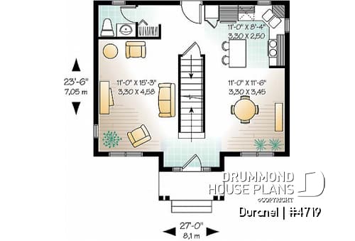 1st level - Low budget 2 bedroom 2-story  house plan, walk-in on each bed, laundry area on second floor, kitchen island - Duranel